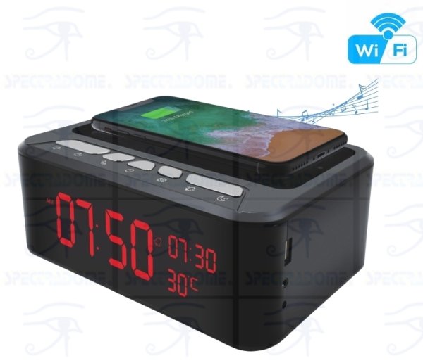 Telecamera WiFi con DVR nascosta in sveglia con altoparlante Bluetooth e ricarica wireless per smarpthone